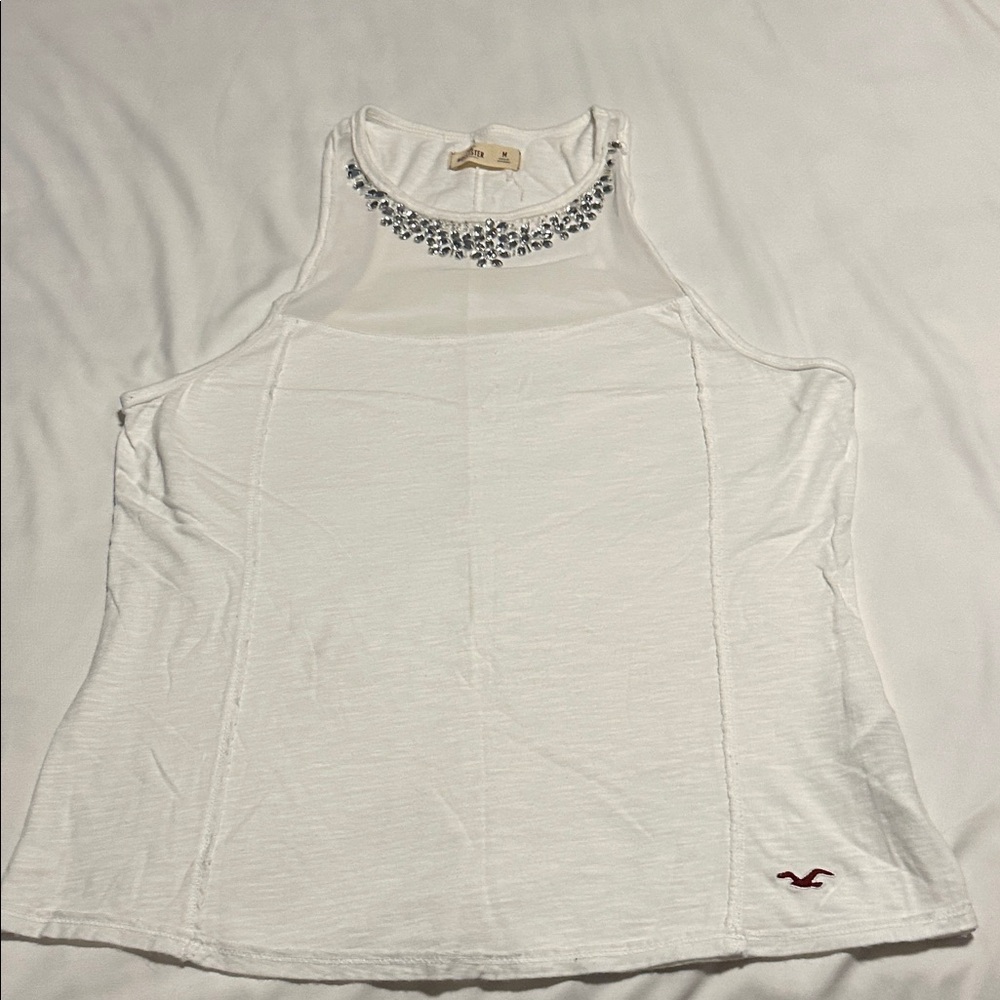 Hollister White Tank Top with Embellished Neckline Size Medium